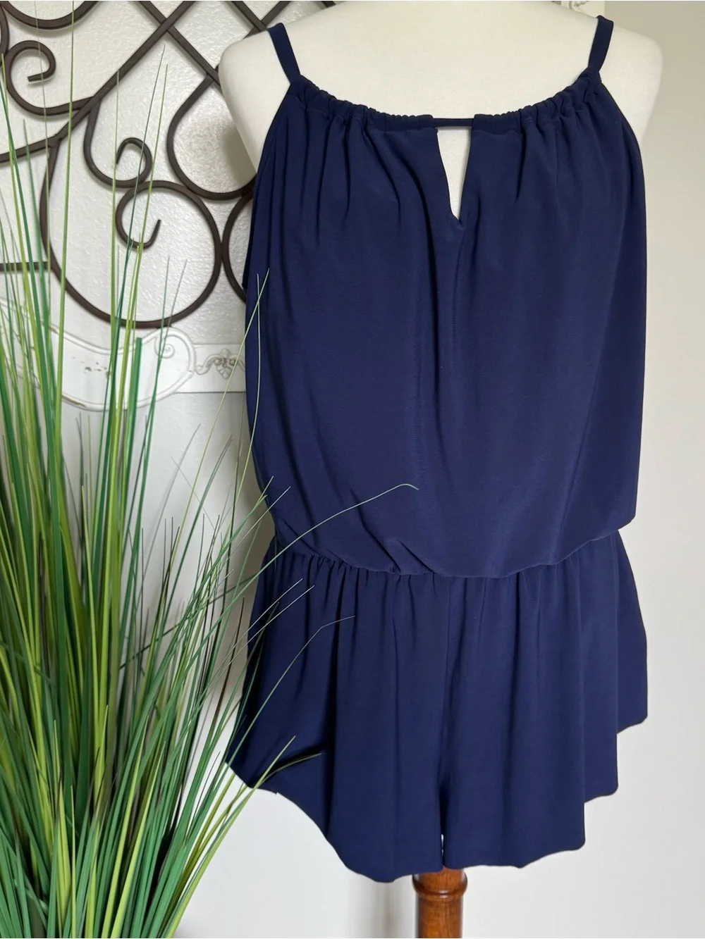 AQUA GREEN Size XL Navy Blue One Piece Romper Style Swimsuit with Pockets